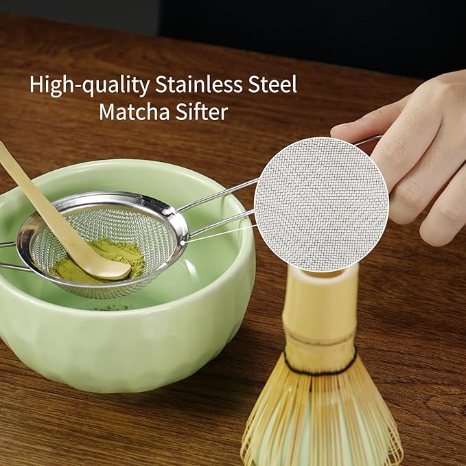 Matcha Whisk Set, 5 Pcs Matcha Kit with Ceramic Bowl (Chawan) with Spout, Bamboo Whisk, Scoop, Sifter, Holder & Tea Cloth – Japanese Matcha Tea Set for Ceremony, Latte & Gifting