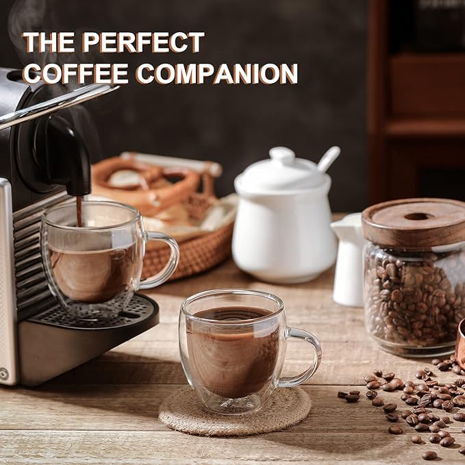 KitchenTour Insulated Coffee Mug 6 oz- Double Wall Glass Coffee Cup with Handle Set of 4 - Clear Glass Drinkware for Espresso,Cappuccino, Latte,Hot Beverages