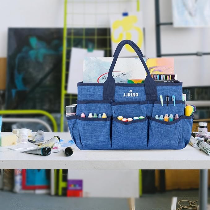 JJRING Craft Tote Bag Organizer for Art Storage, Art Tote Organization with Multiple Pockets, Art Sewing Supply Bag for Scrapbooking, Medical, and Office Supplies Storage (Blue)