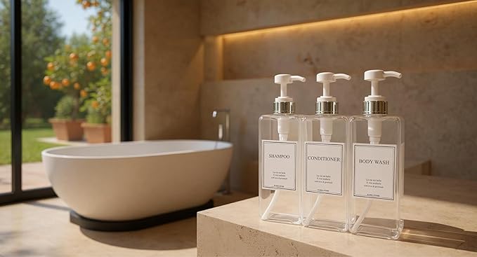 Modern Design Large 27 oz Shampoo and Conditioner Dispensers - Plastic Refillable Pump Bottle Set for Bathroom Shower Soap Dispenser, Includes 6 Waterproof Labels, Set of 3 (Clear & Silver)