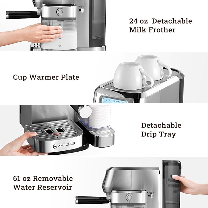 AMZCHEF Espresso Machine with LCD Display, 20 Bar Cappuccino Machines with Upgraded Automatic Milk Frother for Home Gifts, Latte Coffee Maker with Dual Wall & Filters, Sliver