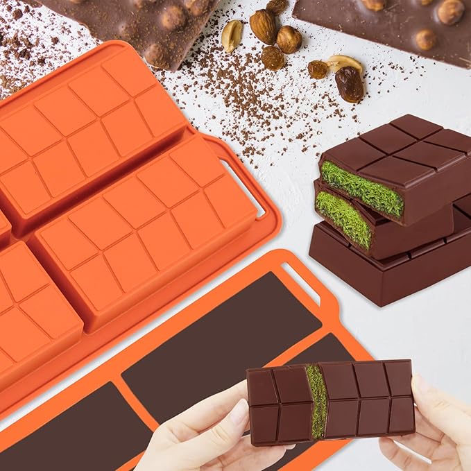 Chocolate Bar Mold 0.82inch Deep 2 Pack,Thick Dubai Stuffed Pistachio Silicone Molds Kit for Making Big Shapes Filling Candy Granola Bar and Pastry Snacks