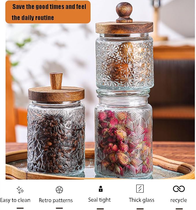 Vintage Glass Jars with Airtight Wood Lids & Handles - 16.9 OZ Set of 4 - Coffee Jars,Tea Canisters,Candy Jars for Flour,Sugar- Kitchen Pantry Containers (4, Rippling wheat pattern) - Image 7