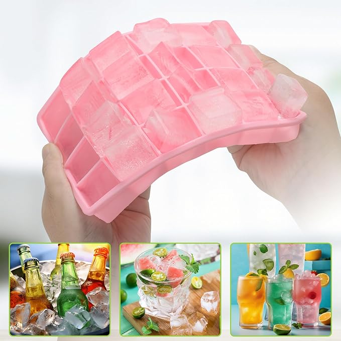 Silicone Ice Cube Tray, Easy Release Flexible Ice Cube Tray with Removable Lid, 24 Ice Cub Per Tray for Whiskey, Freezer, Cocktail, Reusable & BPA Free (Pink+Green)