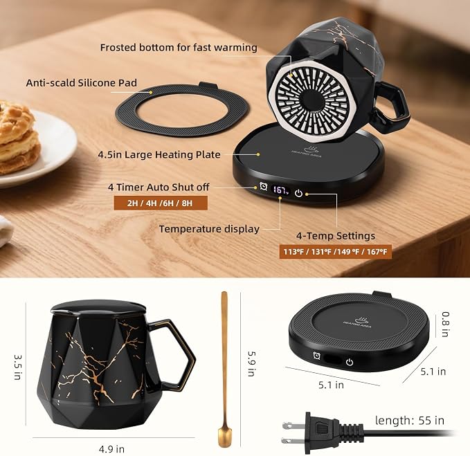 Coffee Mug Warmer Set Electric Heated Beverage Tea Cup Warmer for Desk | Awesome Mug Warmer Set Coffee Accessories, 4 Temperature Control, 8 Hours Auto Shut Off, Office Men Christmas Birthday Gift - Image 8