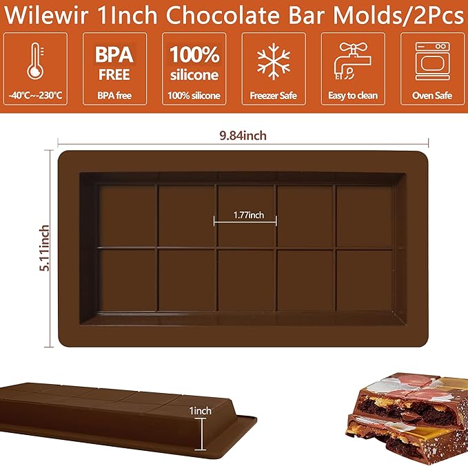 2Pack Deep Chocolate Bar Molds, 1Inch Thick Chocolates Bar Molds, Extra Large And Thick Chocolate Molds for Filling Dubai Pistachio Chocolate Bar