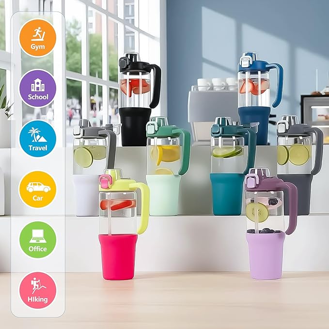 32 oz Glass Tumbler with Handle, 2-in-1 Straw and Sip Spout, Leakproof, BPA-Free Glass Water Bottle for Sports, Office, School, Light Green