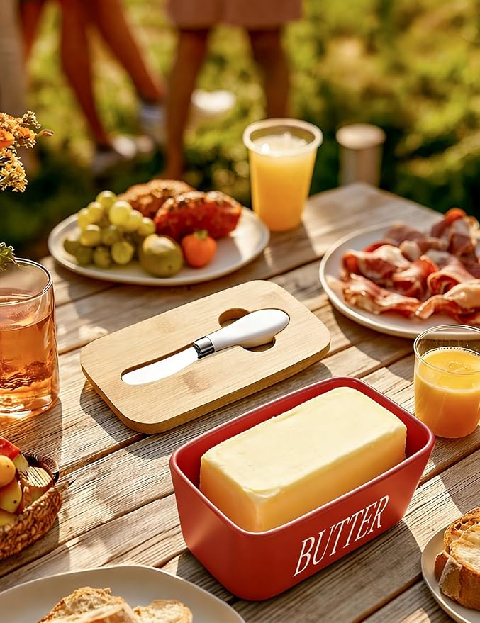 AISBUGUR Large Butter Dish with Lid Ceramics Butter Keeper Container with Knife and High- quality Silicone Sealing Butter Dishes with Covers Good Kitchen Gift Red 6.3 x 3.5 x 2.7 inches | Suitable Capacity, Great Sealing, Home Decor Kitchen Gift Housew... - Image 7