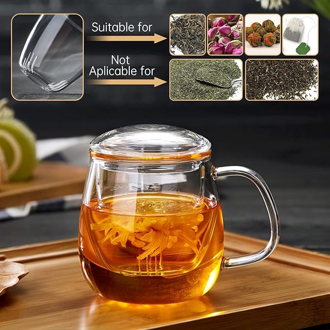 Glass Teacups 24 Pack Glass Tea Cup with Infuser and Lid, 17.6oz/520ml Large Borosilicate Teacup,Tea Clear Mug Cup for Loose Leaf Blooming Tea, Microwave & Dishwasher Safe