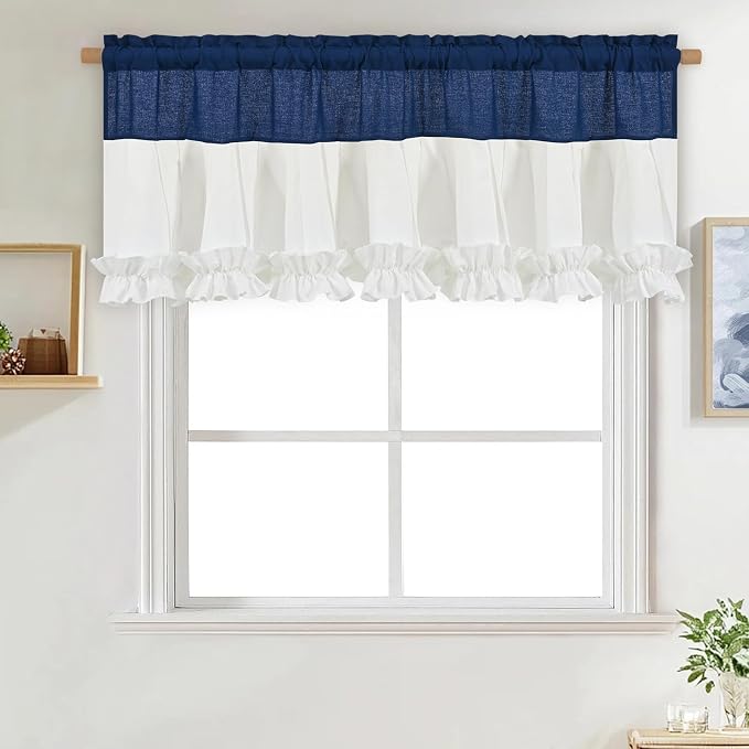Likiyol Linen Valances for Windows Farmhouse Window Valances with Ruffle Rustic Country Light Filtering Kitchen Valance Curtains Rod Pocket Valance for Bathroom Cafe, Navy Blue White, 52" W X 18" L - Image 9