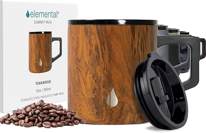 Elemental Insulated Coffee Mug - Triple-Wall Stainless Steel Summit Travel Cup for Hot and Cold Drinks - Thermal Coffee Mug with Lid and Handle for Camping, Office & Travel 12oz - Teakwood - Image 7