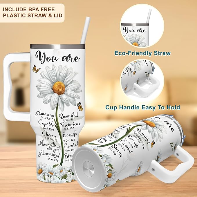 Christian Daisy Gifts for Women - Inspirational Faith Tumbler With Handle & Straw - 40Oz, Daisy Theme - Birthday, Mothers Day, Christmas