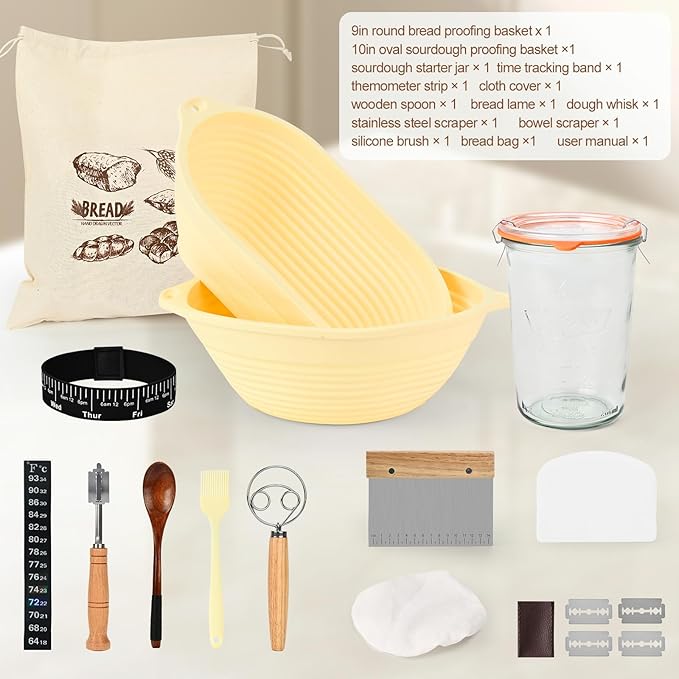 Sourdough Starter Kit 13Pcs Sourdough Bread Baking Supplies, Complete Bread Making Tools 9in Round & 10in Oval Silicone Banneton Proofing Basket Set with Sour dough Starter Jar