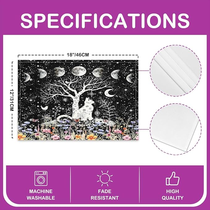 Feelyou Sun Moon Table Place Mats, Set Boho Exotic Cat Placemats Set of 4 Bohemian Floral Placemat for Kitchen Dining Table Decor Indoor Outdoor for Women Men Galaxy Animals 18"x12" - Image 4
