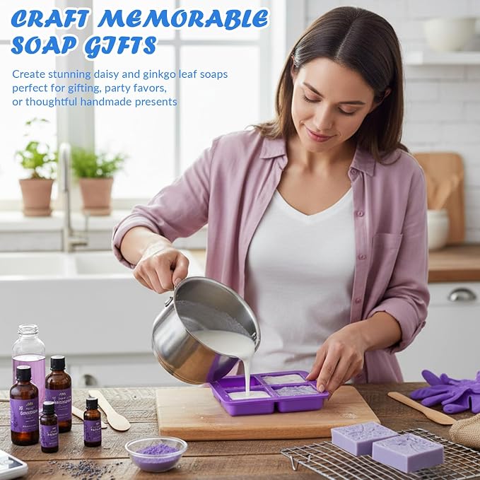 HKNMTT Silicone Square Rectangle Bar Molds 3D Leaf Flower Pattern, 8 Cavities for Soap Making Shower Steamer Homemade Bath Lotion Shampoo Bar DIY Set Non-stick Craft Food Grade 2 Pack - Image 6
