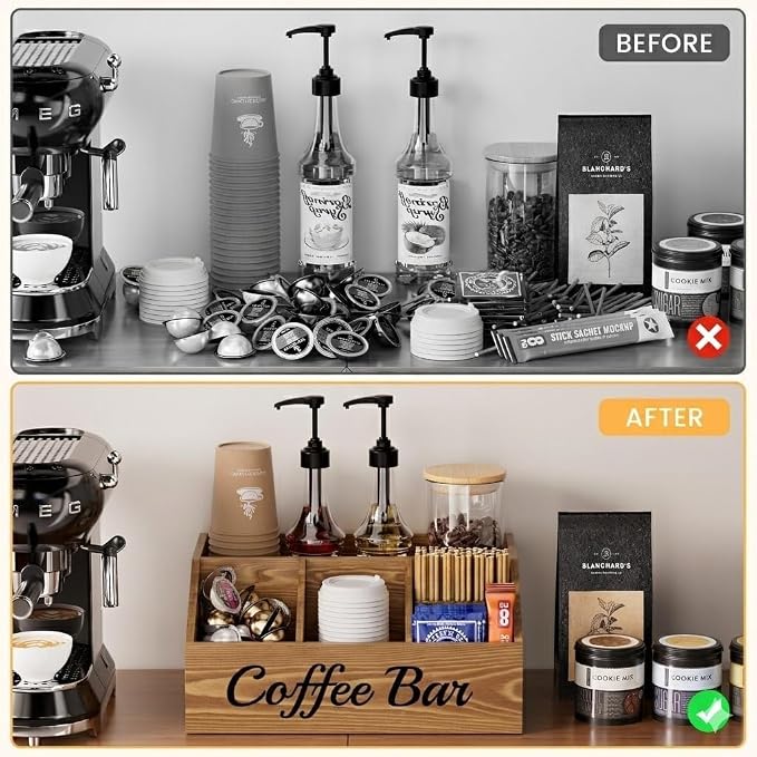 2 Pack Coffee Station Organizer for Countertop – Wooden Coffee Bar Organizer with Adjustable Dividers,Holds K Cup Pod & syrup bottles, for Kitchen, Office, or Bar and Tea Station, Brown - Image 6