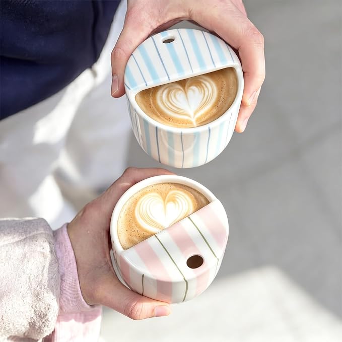 2 Pack Ceramic Mug with Sip Hole 10 oz Stripes Pattern Espresso Cup Coffee Mug Hand Painted Ceramic Cup Pink and Blue Heat Resistant Non Slip with Built in One Lid Handcraft Gift - Image 7