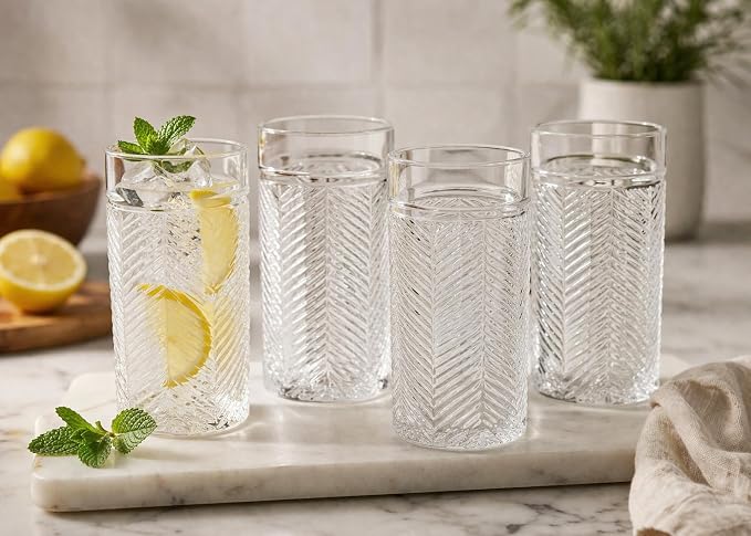 Highball Glasses Set of 4 Herringbone, 15.5 oz Tall Drinking Glasses, Elegant Textured Premium Glassware Tumblers for Water, Juice, Cocktails, Everyday use Vintage Style Beverage Glass Set - Image 9