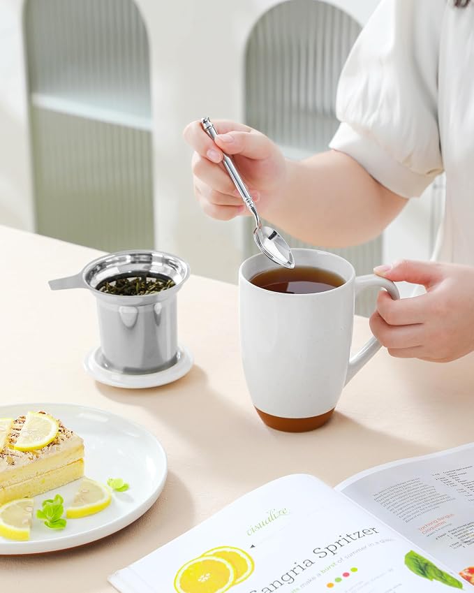 MALACASA Ceramic Tea Mug with Lid and Stainless Steel Infuser, 18 oz Large Tea Cup for Loose Leaf Tea, Heat-Resistant, Microwave & Dishwasher Safe, Speckled Glaze Coffee & Tea Brewer Mug, Khaki White - Image 9