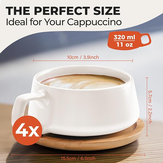 MIAMIO - Cappuccino Cup Set of 4, Ceramic, Wide (9.5oz) - Luxe (White) | Ceramic cappuccino cups and saucers, wide latte cups and mugs for Americano, 4-piece set of ceramic cups, dishwasher safe - Image 6