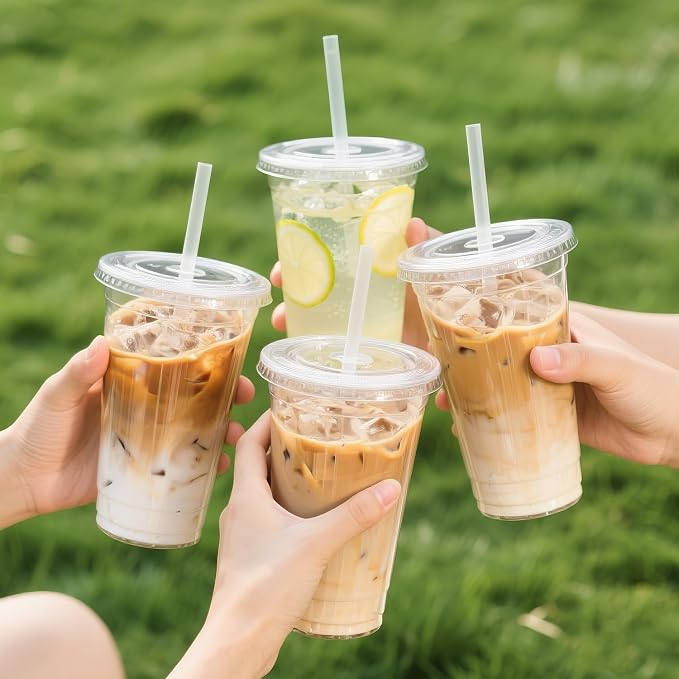 Ginkgo 32 oz Clear Plastic Cups with Lids and Jumbo Straws | Leak-Proof & Sturdy Disposable To Go Iced Coffee Cups for Smoothie, Boba Milk Tea - 50 Pack - Image 6