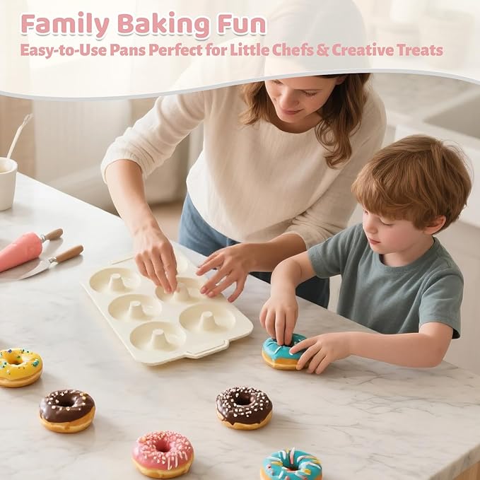 4 Inch Nonstick Silicone Donut Pan for Baking with Metal Frame, 1 Pack Large Donut Molds for Baking, 6 Cavity Doughnut Pan for Oven and Full-size Bagel Trays Non Toxic with Handle, (Beige)