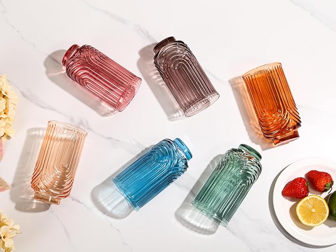 Colored Vintage Drinking Glasses Set of 6-17oz Hand-Blown Highball Ribbed Glassware, Arch Design Cocktail Glasses for Whiskey Water Beverages Ice Coffee Juice Milk - Image 8
