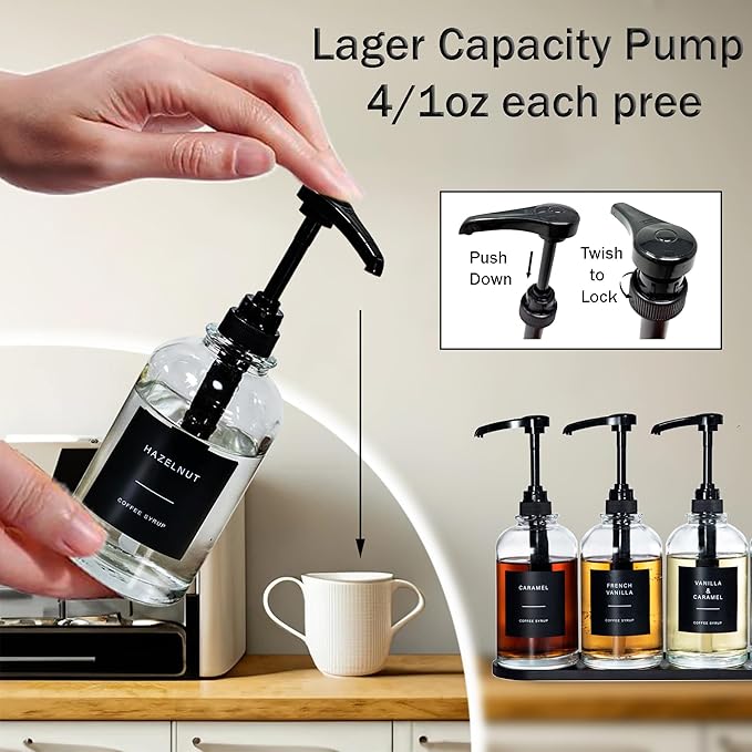 Coffee Syrup Dispenser - Glass Dispenser with 1/4oz Large Capacity Pump, Coffee Bar Organizer, Black, 16oz