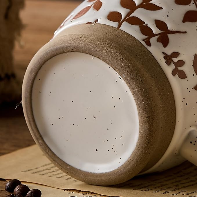 18 Oz Large Ceramic Coffee Mug Set of 2 - Rustic Handmade Floral Mugs with Handle, Microwave Safe for Latte Espresso Cappuccino Tea Cocoa Milk, Modern Unique Big Cups for Kitchen Women(Caramel Brown) - Image 8