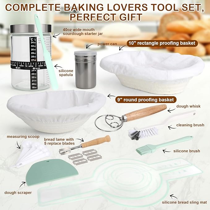 Sourdough Starter Jar Kit 13pcs, Bread Proofing Basket Making Tools with Dutch Oven Silicone Mat, Sour Dough Baking Supplies Accessories Stuff Gifts for Home Bakers Adults Women Mom Beginner