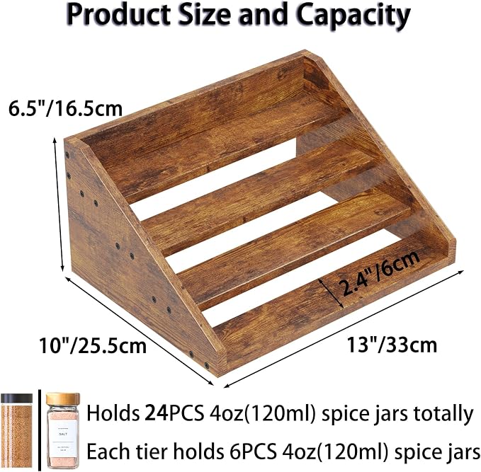 4 Tier Wood Spice Rack Organizer for Cabinet, Super Sturdy Display Riser Shelf Seasoning Organizer for Countertop Pantry Cupboard, Retro Storage Holder for Kitchen Condiment Jar Spice Container - Image 6