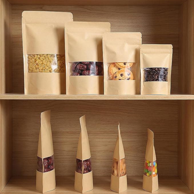 Wsicse 100 Pcs Kraft Stand Up Pouches With Window, 4 Sizes, Brown | Resealable Zipper, Heat-Sealable Cpp Lining, Moisture Resistant, Clear Window, 25 Bags Per Size For Snacks And Baked Goods - Image 6