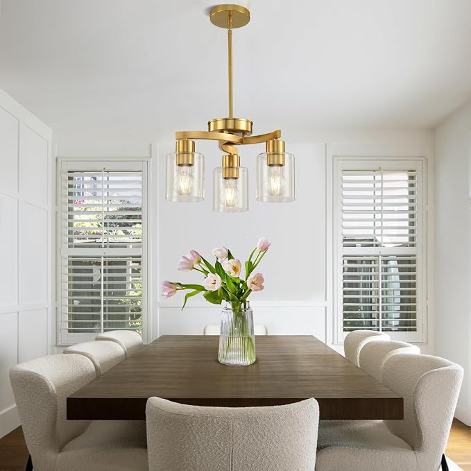 3 Light Brass Gold Dining Room Chandelier, Modern Industrial Pendant Light for Kitchen Island, Adjustable Height Hanging Ceiling Light Fixture with Clear Glass Shades,E26 Base,Dimmable - Image 9