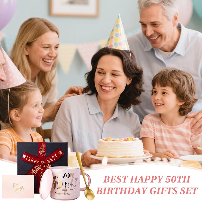 Funny 50th Birthday Gifts for Women, 14oz Pink Mug with 49+1 Hand Design | Marble Ceramic Coffee Cup with Gold Print, Elegant Turning 50 Gift for Her, with Lid, Spoon, Greeting Card, Nice Gift Box - Image 7