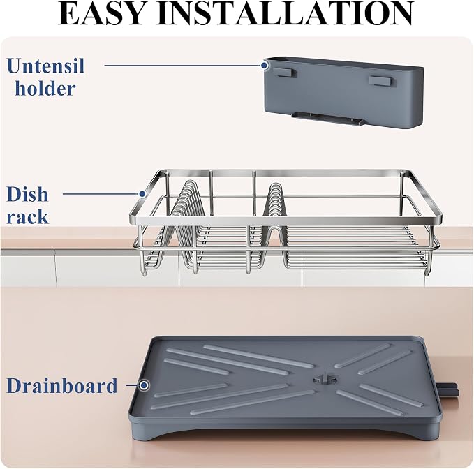 SNTD Dish Drying Rack for Kitchen Counter, 11.8" W x 16.7" L, Silver | Rustproof Stainless Steel, Large Capacity, Self-Draining Drainboard, Rotating Spout, Removable Utensil Holder - Image 7