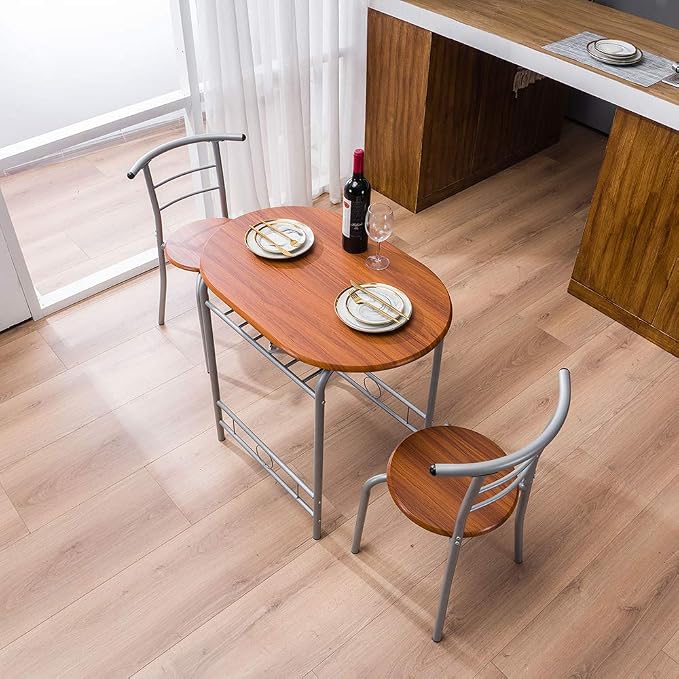 VINGLI 3 Piece Dining Set, Small Kitchen Table Set for 2, Breakfast Table Set, Kitchen Wooden Table with 2 Chairs for Small Space/Dining Room/Apartment, Metal Frame, Wine Rack, Russet - Image 9