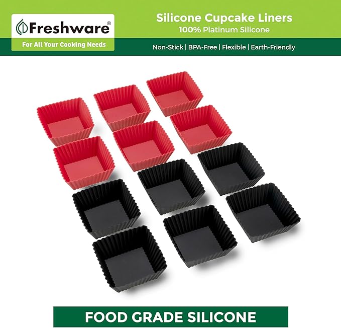 Freshware Cupcake Liners, Pack of 12 Silicone Muffin Cups, Baking Cups, Reusable & Non-stick Cupcake Liners for Party Halloween Christmas, Square