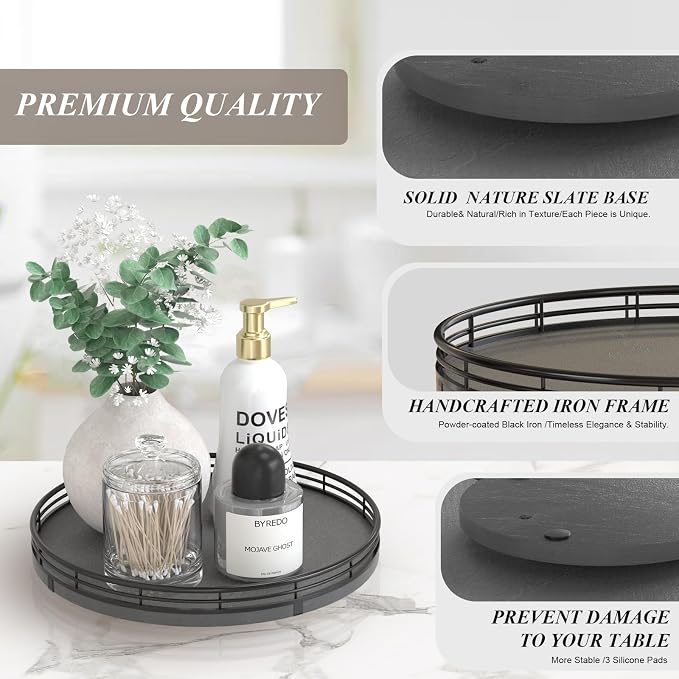 AMH10-Inch Natural Slate Lazy Susan with Black Raised Iron Rim | Smooth rotating oak tray with walnut finish for dining tables, kitchen counters, pantries and cabinet storage. - Image 7