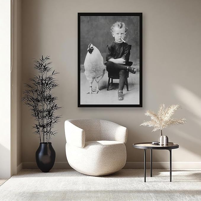 UXCBIA Smoking Boy And Chicken, Black And White, Vintage Oddities Poster Canvas Poster Bedroom Decor Sports Landscape Office Room Decor Gift Black Frame 20x30in(50x75cm) - Image 8