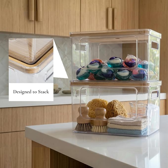 Hudgan Stackable Storage with Bamboo Top for Laundry Room Organization, Extra Large Trash Bag/Garbage Bag Dispenser, Under Sink Organizer, Pantry Organizers - Image 9