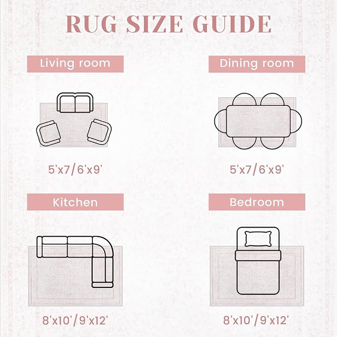5x7 Area Rugs for Living Room: Washable Vintage Floral Rug Low Pile Non-Slip Boho Carpet for Nursery Bedroom Dining Room (Pink, 5'x7') - Image 7