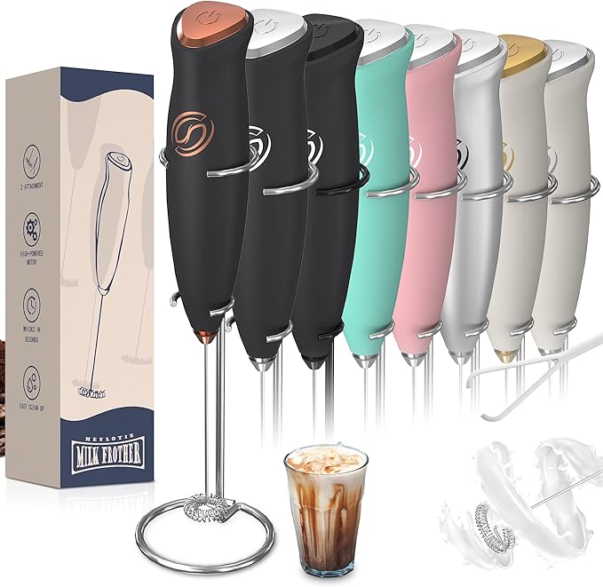Milk Frother With Stand Handheld Frother Wand Drink Mixer Handheld Coffee Stirrers Electric Frother for Coffee Mixer Wand with 2 Whisk frother for protein powder-Black/Copper