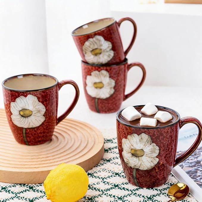 12oz Coffee Mugs Set of 4, Hand-Painted Floral Stoneware Cups with Handle, Dishwasher Microwave Oven Safe, Cappuccino Mugs for Latte, Tea, Espresso & Hot Cocoa, for Home Kitchen & Cafe, Red - Image 7