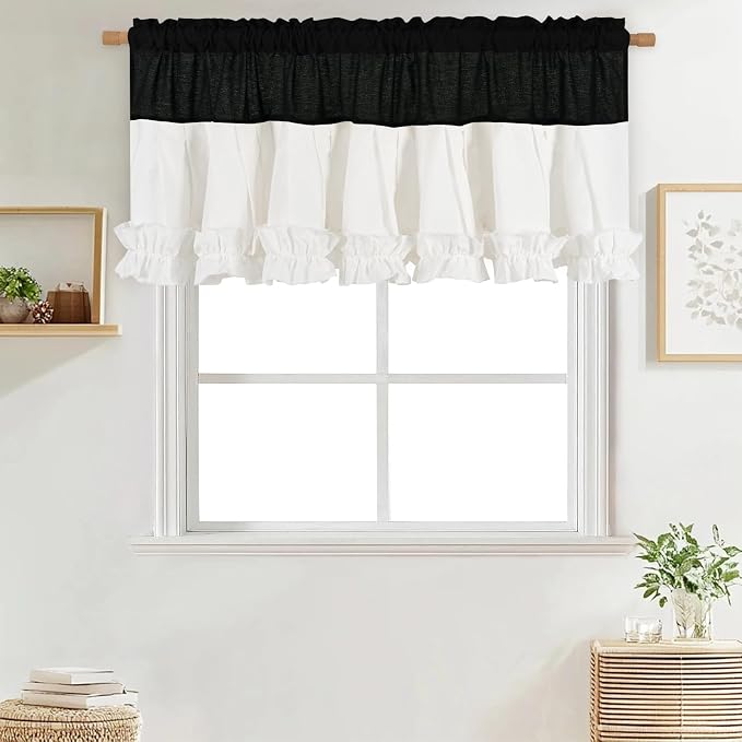 Likiyol Linen Valances for Windows Farmhouse Ruffle Valance Rustic Country Window Valances Light Filtering Kitchen Curtains Rod Pocket Valance Curtains for Bathroom Cafe, Black White, 52" W X 18" L - Image 9