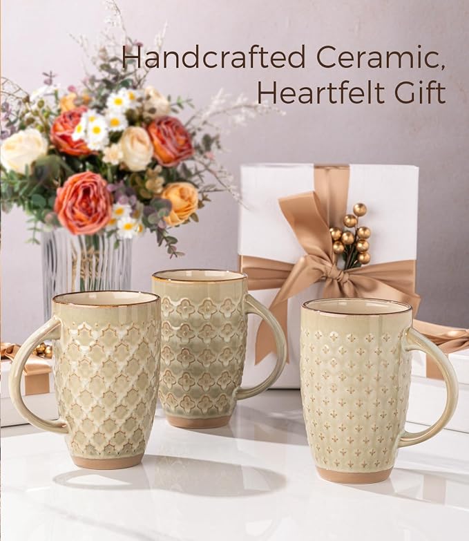 GBhome 20oz Large Coffee Mugs Set of 6, Handmade Tall Ceramic Coffee Mugs with Texture Patterns for Cappuccino, Latte,Hot Cocoa, Dishwasher & Microwave Safe-Pale Khaki - Image 8