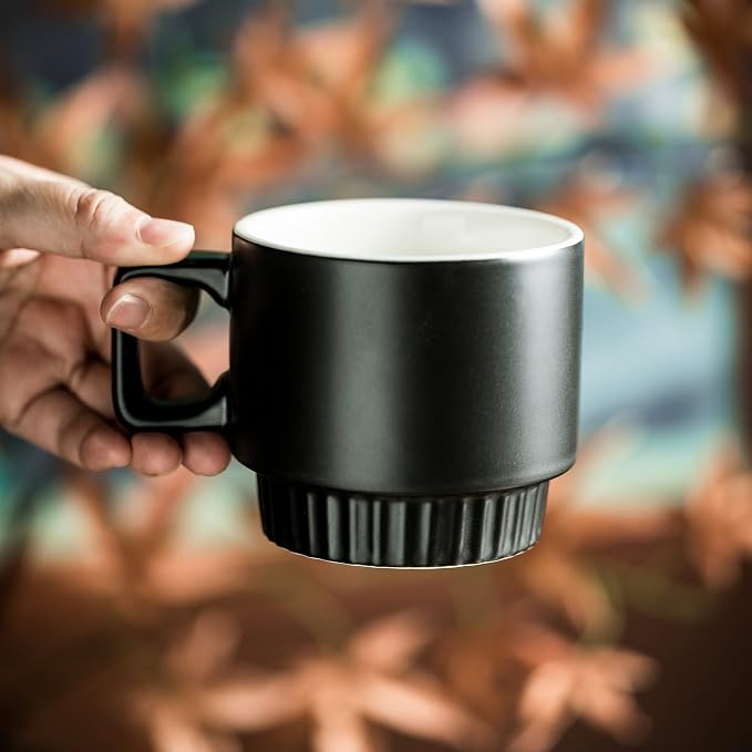 Miamolo Stackable Coffee Mugs with Stand Set of 4, Space-saving Storage | 11oz, Ceramic Latte Mugs | for Espresso Cappuccino Tea Hot Cocoa | Dishwasher & Microwave Safe | Housewarming Gift | Black - Image 9