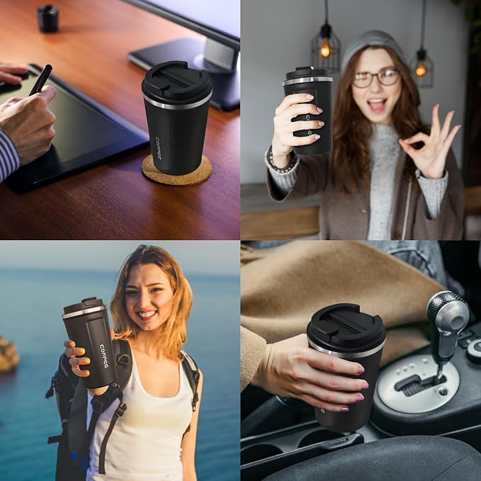 4 Pack Travel Coffee Mug 12oz Insulated Coffee Cup with Lid, Reusable Thermal Coffee Cup Stainless Steel Coffee Tumbler to Keep Hot & Cold Drinks for Car, Daily, Travel and Gifts, Black - Image 7