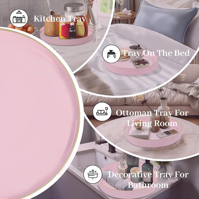 MAONAME 13" Pink Decorative Tray, Plastic Round Serving Tray with Handles | Decorative Tray for Coffee Table, Modern Ottoman Tray, Circle Tea Tray, Round Melamine Tray for Living Room, Bathroom - Image 7