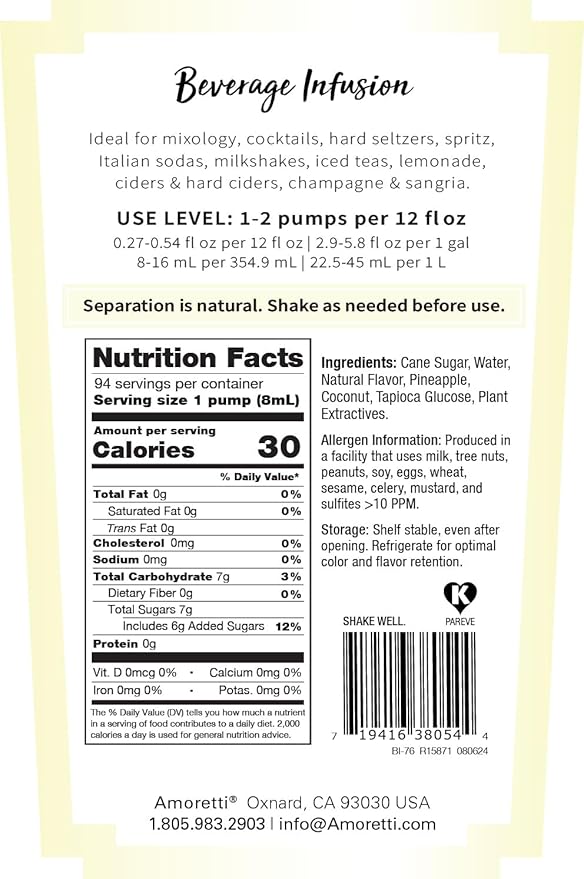 Amoretti - Pina Colada Beverage Infusion, 94 Servings Per Bottle (750 ml) - Drink Mix & Water Enhancer with Pump for Flavoring Cocktails, Waters, Teas, and other Beverages, Preservative Free