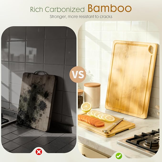 Astercook Nature Bamboo Cutting Boards for Kitchen with Wood Storage Stand, Reversible Charcuterie & Chopping Boards with Juice Grooves and Easy-Grip Handles - Image 9